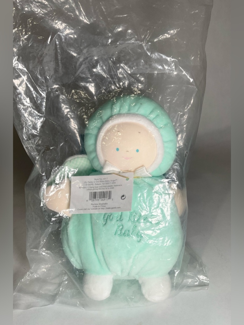 VTG GOD BLESS BABY GUND  Angel Mint PLUSH RATTLE WINGS STUFFED DOLL " NEW!